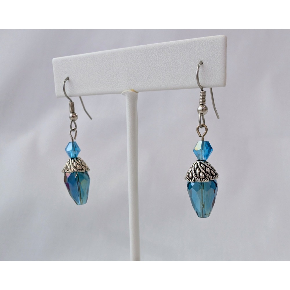 Vintage Faceted Crystal AB Blue Glass Dangle Drop Earrings Antique Silver LT113